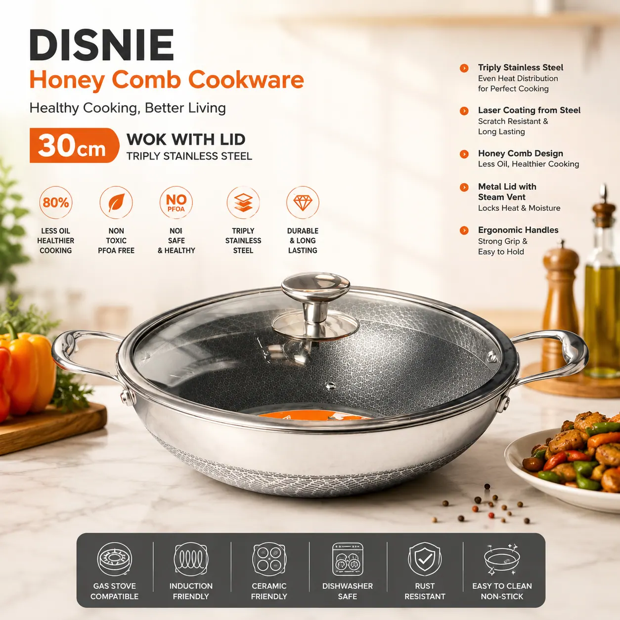 Disnie 30cm Honeycomb Wok with Lid